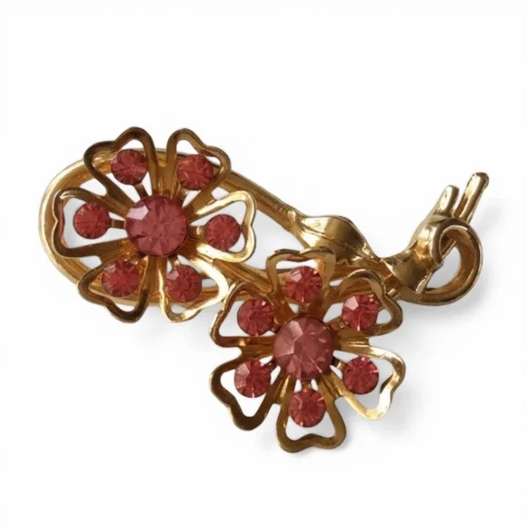 Vintage 1950s CORO Gold-Tone Floral Brooch w/ Pink Rhinestones - Picture 3 of 9